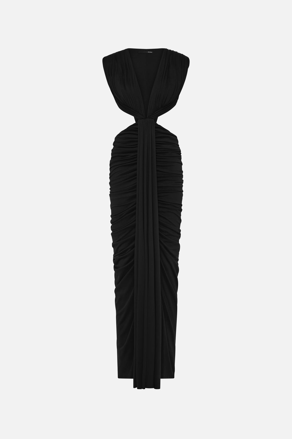 Black sleeveless V-neck ruched cupro dress with gathered side drape and waist tie