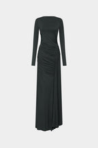 Dark long-sleeve maxi dress with ruched waist and draped back