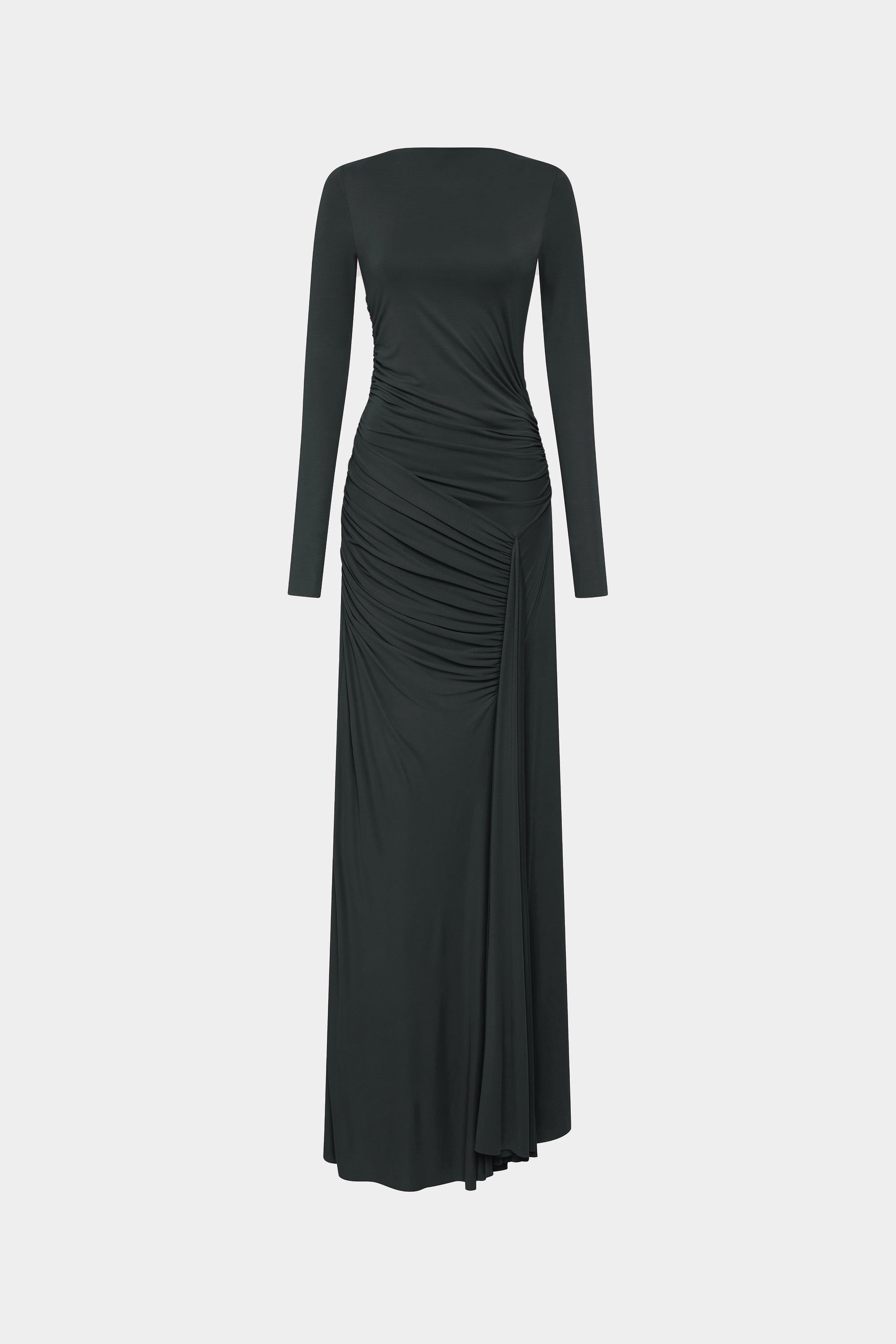 Dark long-sleeve maxi dress with ruched waist and draped back
