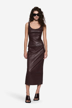 Dark brown sleeveless stretch leather top with scoop neckline and contoured fit