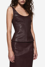 Dark brown stretch leather tank top with scoop neckline and fitted waist seam