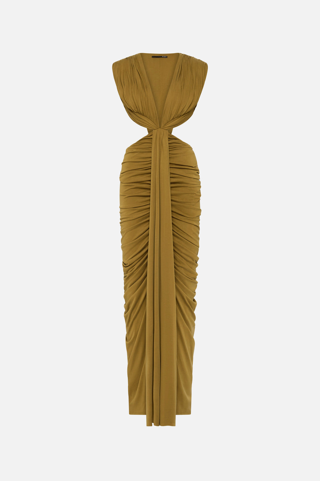 THE SOLACIA cupro dress flat lay, olive green sleeveless with knotted ruched column