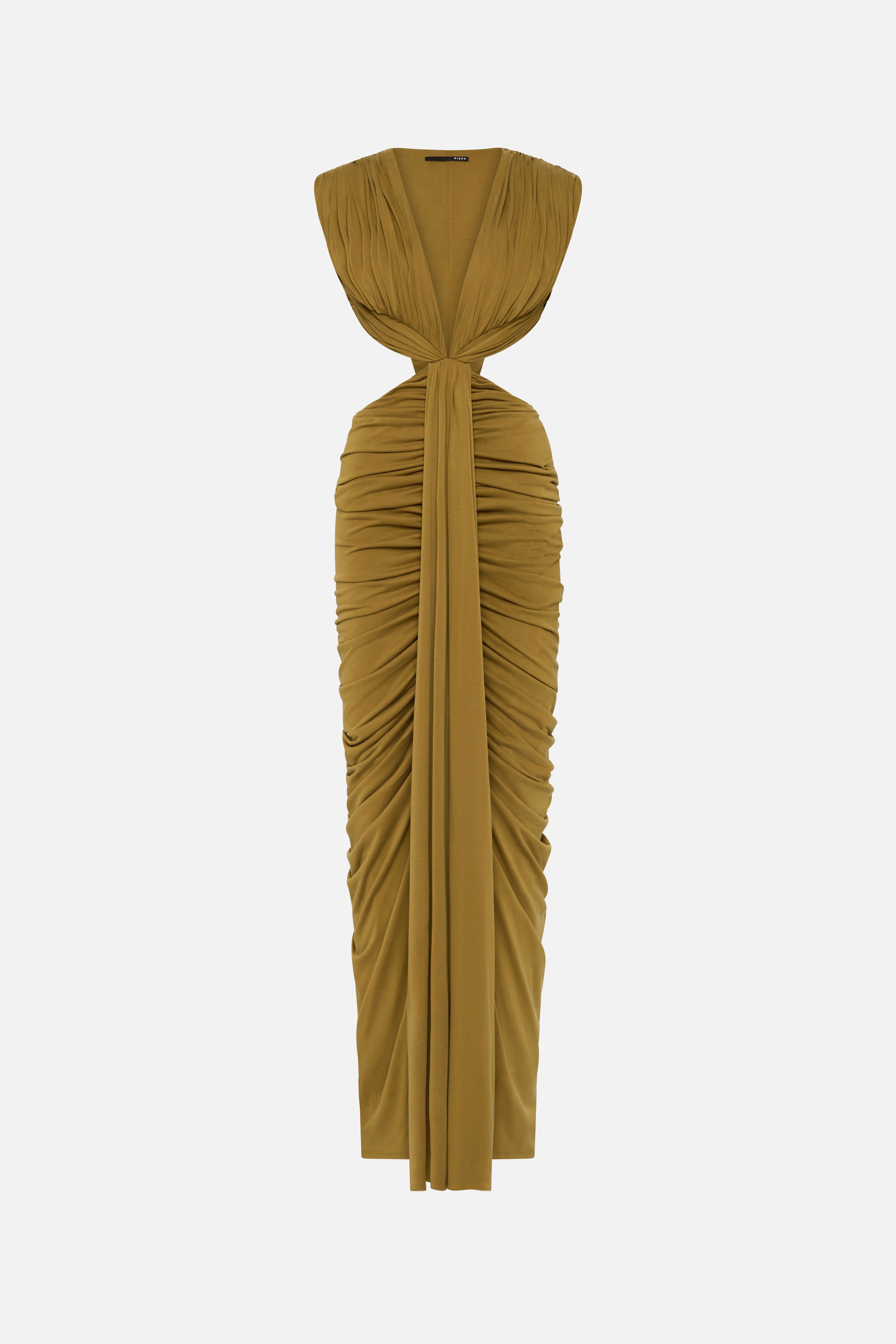 THE SOLACIA cupro dress flat lay, olive green sleeveless with knotted ruched column