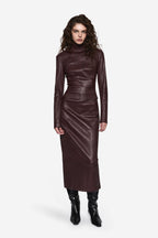 Bitter chocolate leather long-sleeve top with high neck and fitted peplum silhouette