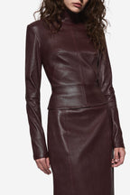 Bitter chocolate leather long-sleeve top with high turtleneck and fitted waist seam