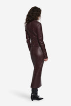 Bitter chocolate stretch leather long-sleeve top with high neck, back view