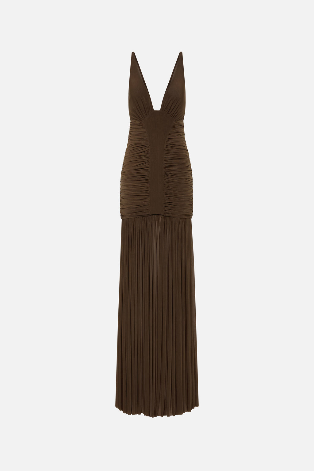 Brown jersey maxi dress with deep V back and vertical ruched skirt