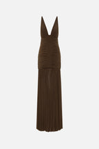 Brown jersey maxi dress with deep V back and vertical ruched skirt