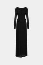 Black mesh maxi dress with long sleeves and V-back cutout