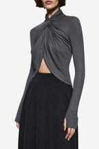 Dark charcoal TENCEL long-sleeve twist top with gathered neckline and open front drape.
