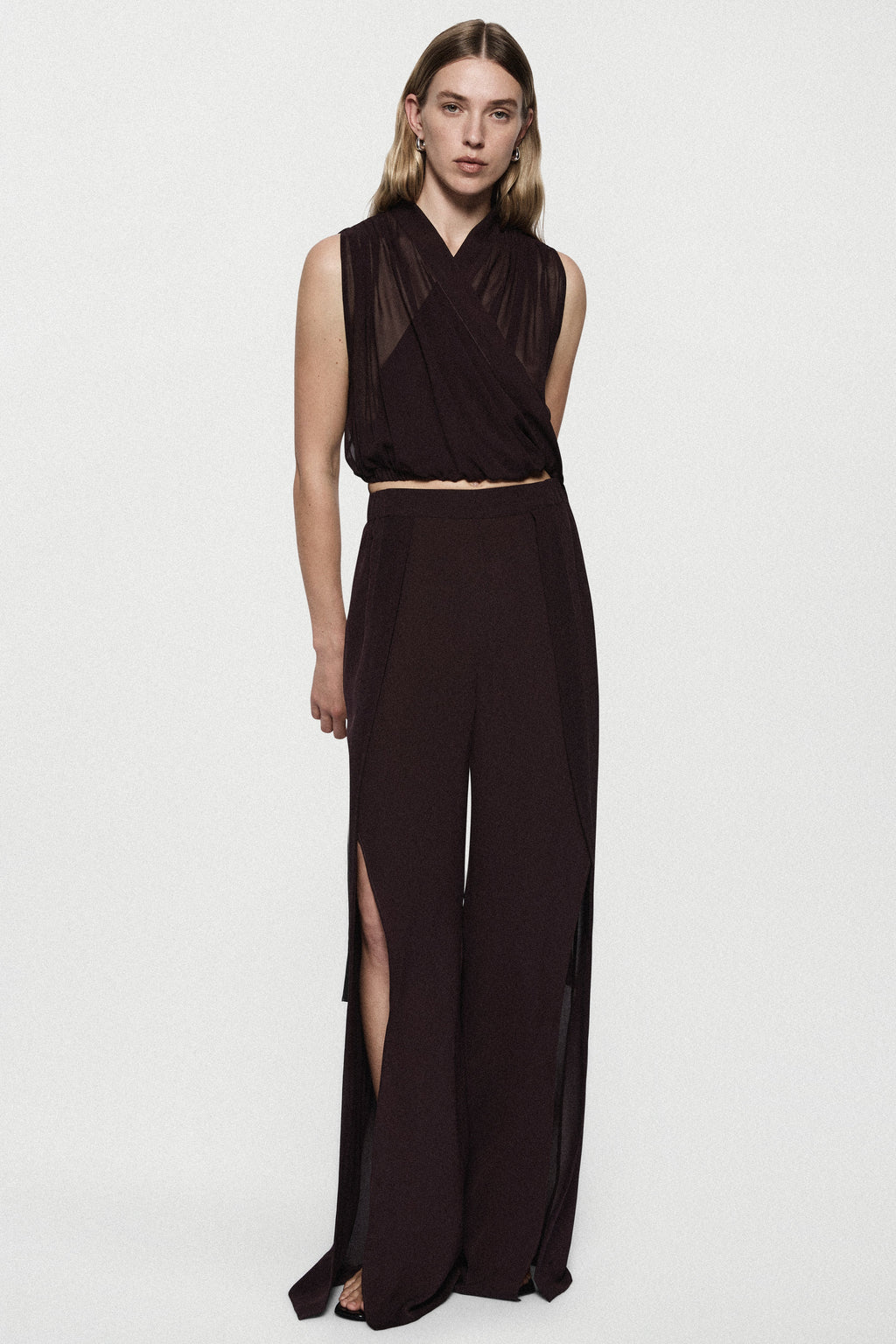 Deep fig silk halter top with V wrap front and elastic waist band