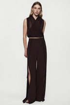 Deep fig silk halter top with V wrap front and elastic waist band
