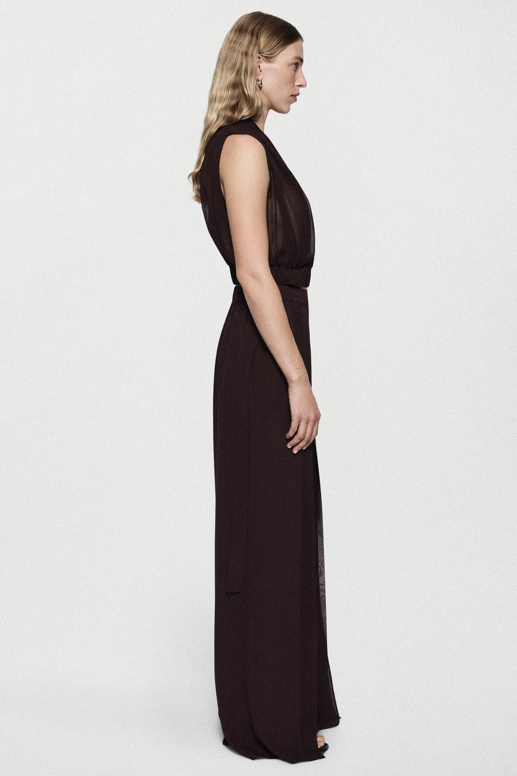 Deep fig silk halter top, sleeveless draped front with side profile