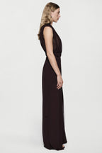 Deep fig silk halter top, sleeveless draped front with side profile
