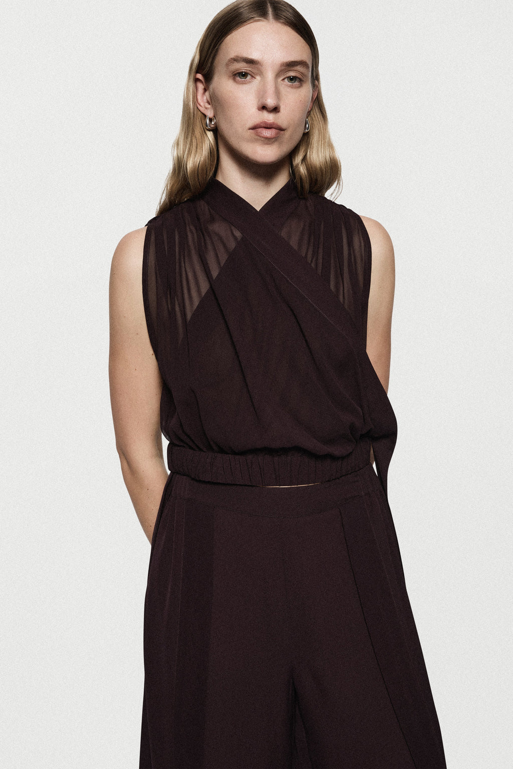 Silk deep fig split-leg pants with V-neck wrap bodice, elastic waist, side slits