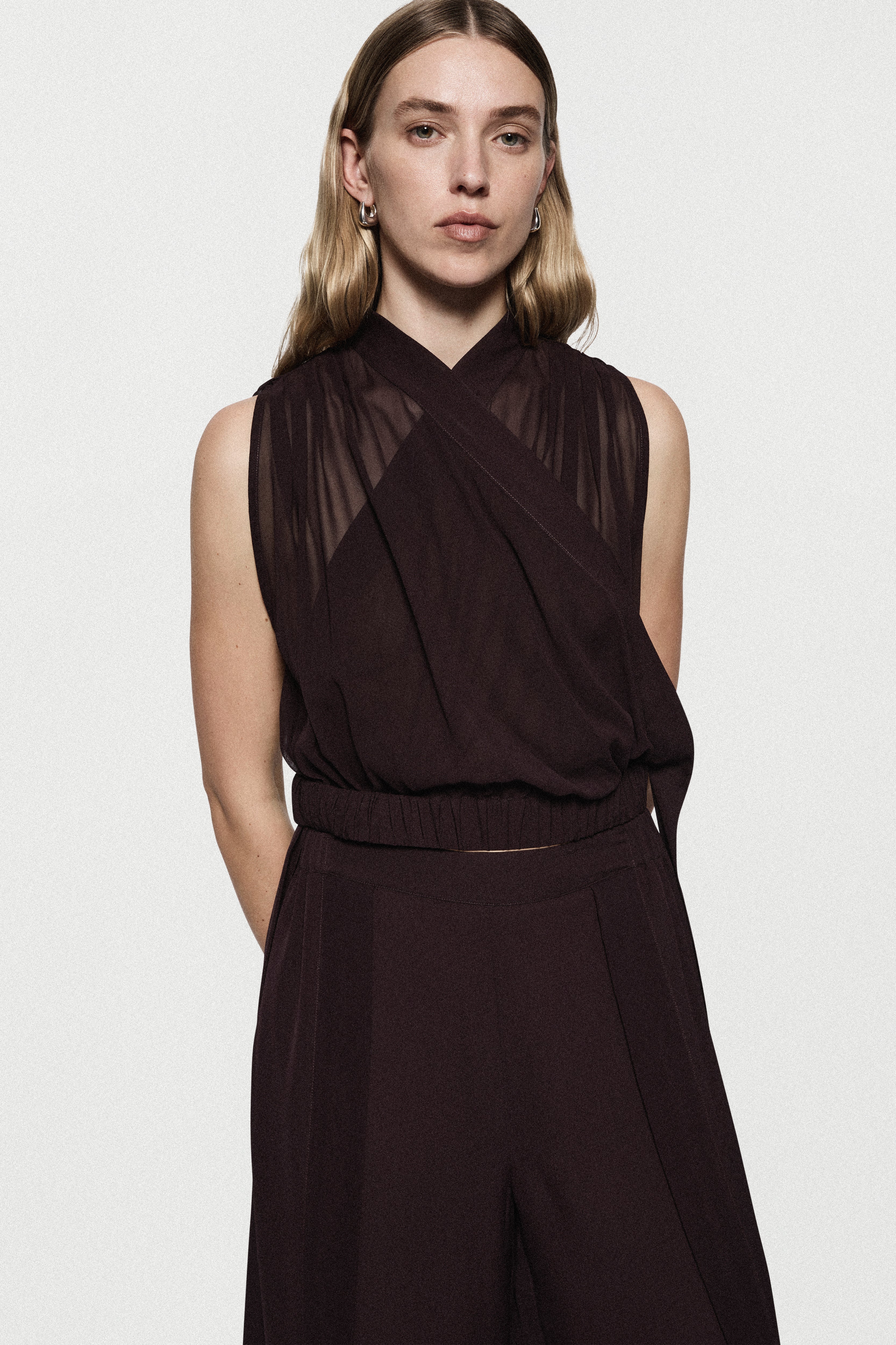 Silk deep fig split-leg pants with V-neck wrap bodice, elastic waist, side slits