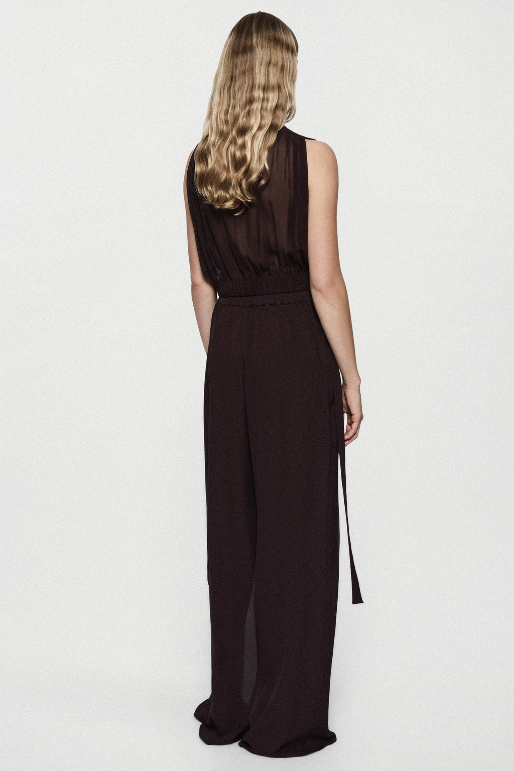 Deep fig silk halter top with high back and gathered waist