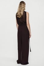 Silk deep fig split-leg pants with belted waist and long tie, side slits