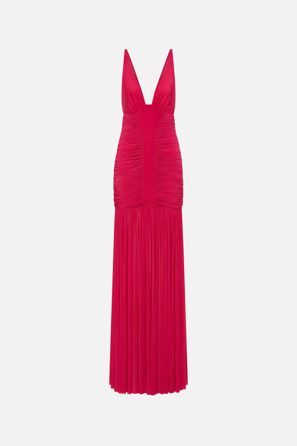 Hot pink sleeveless jersey maxi dress with deep V front and ruched, pleated skirt