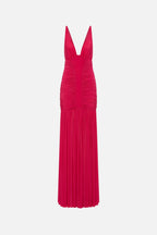 Hot pink sleeveless jersey maxi dress with deep V front and ruched, pleated skirt