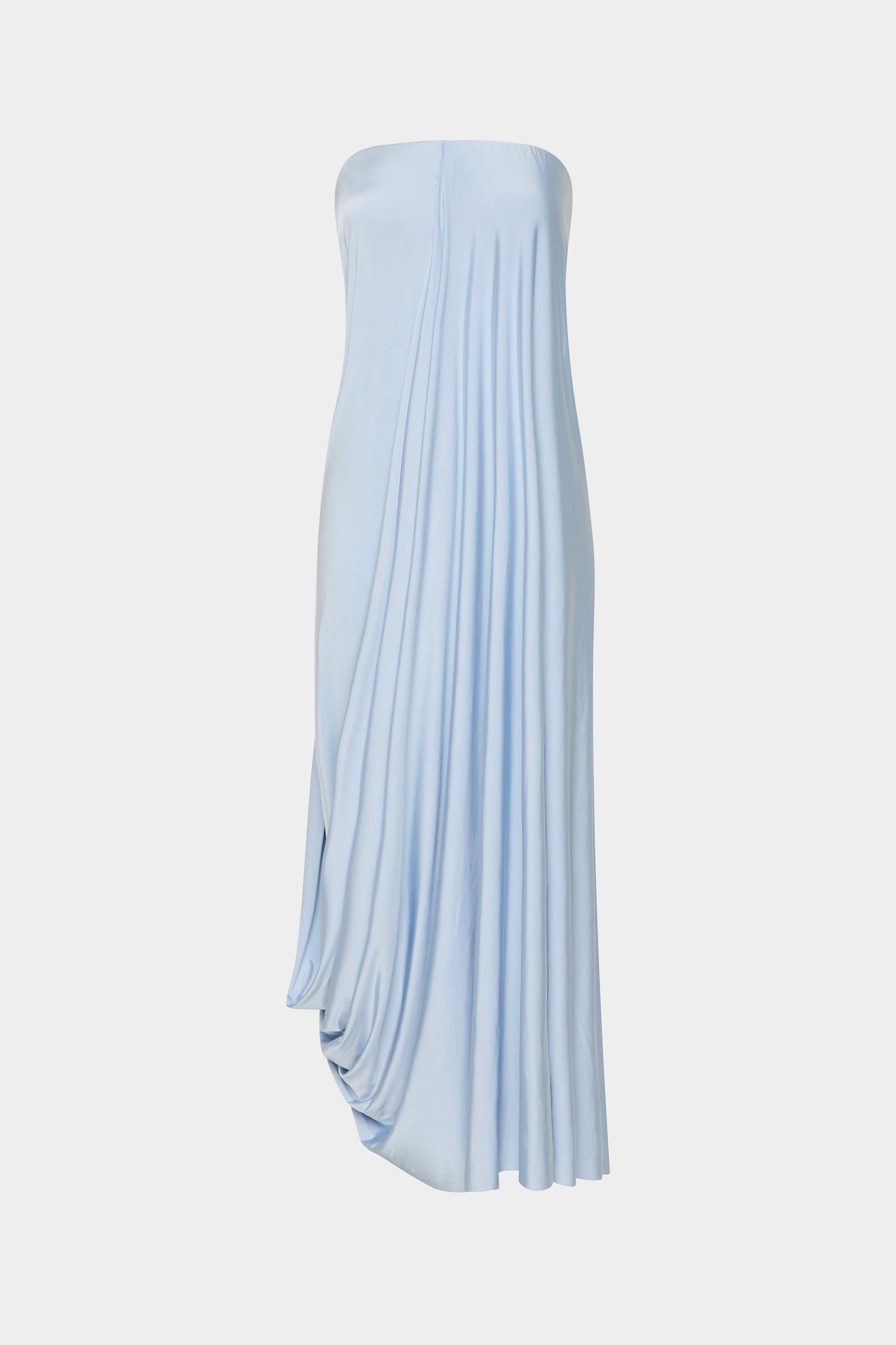 Light blue jersey strapless maxi dress with gathered drape at waist and skirt