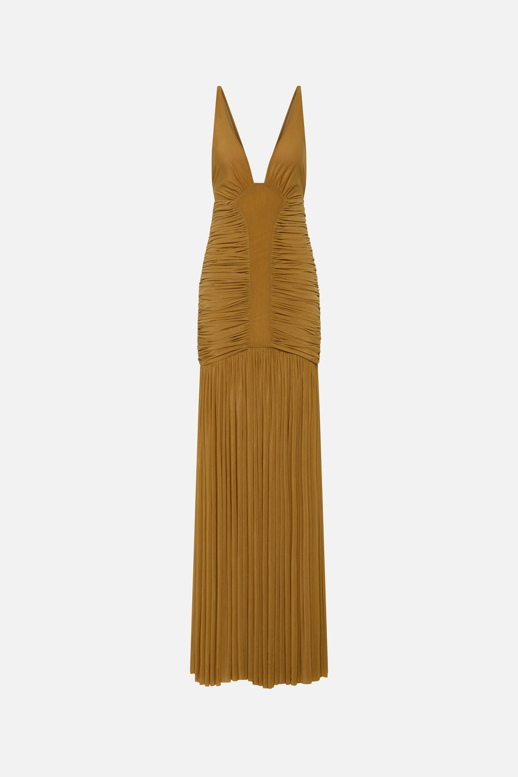 Mustard gold jersey maxi dress with deep V-neck bodice and pleated skirt