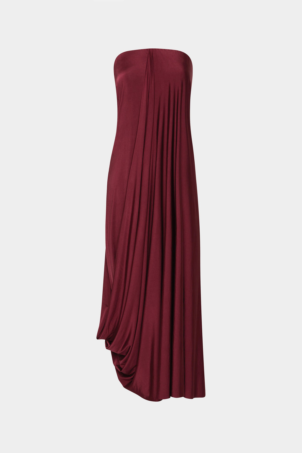 Burgundy strapless jersey dress with gathered drape at the bodice and skirt