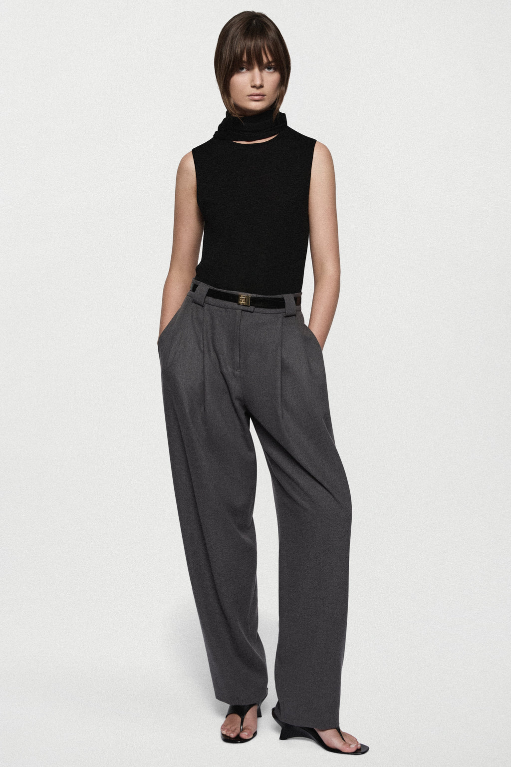 Merino scarf top, black sleeveless turtleneck with scarf-like front drape
