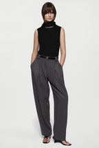 Merino scarf top, black sleeveless turtleneck with scarf-like front drape