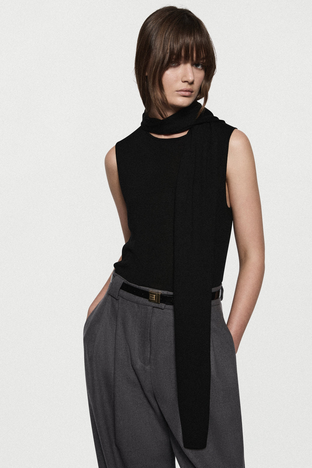 Merino scarf top, black sleeveless high-neck with hanging scarf panel