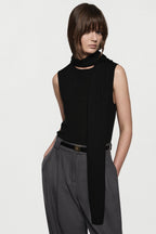 Merino scarf top, black sleeveless high-neck with hanging scarf panel