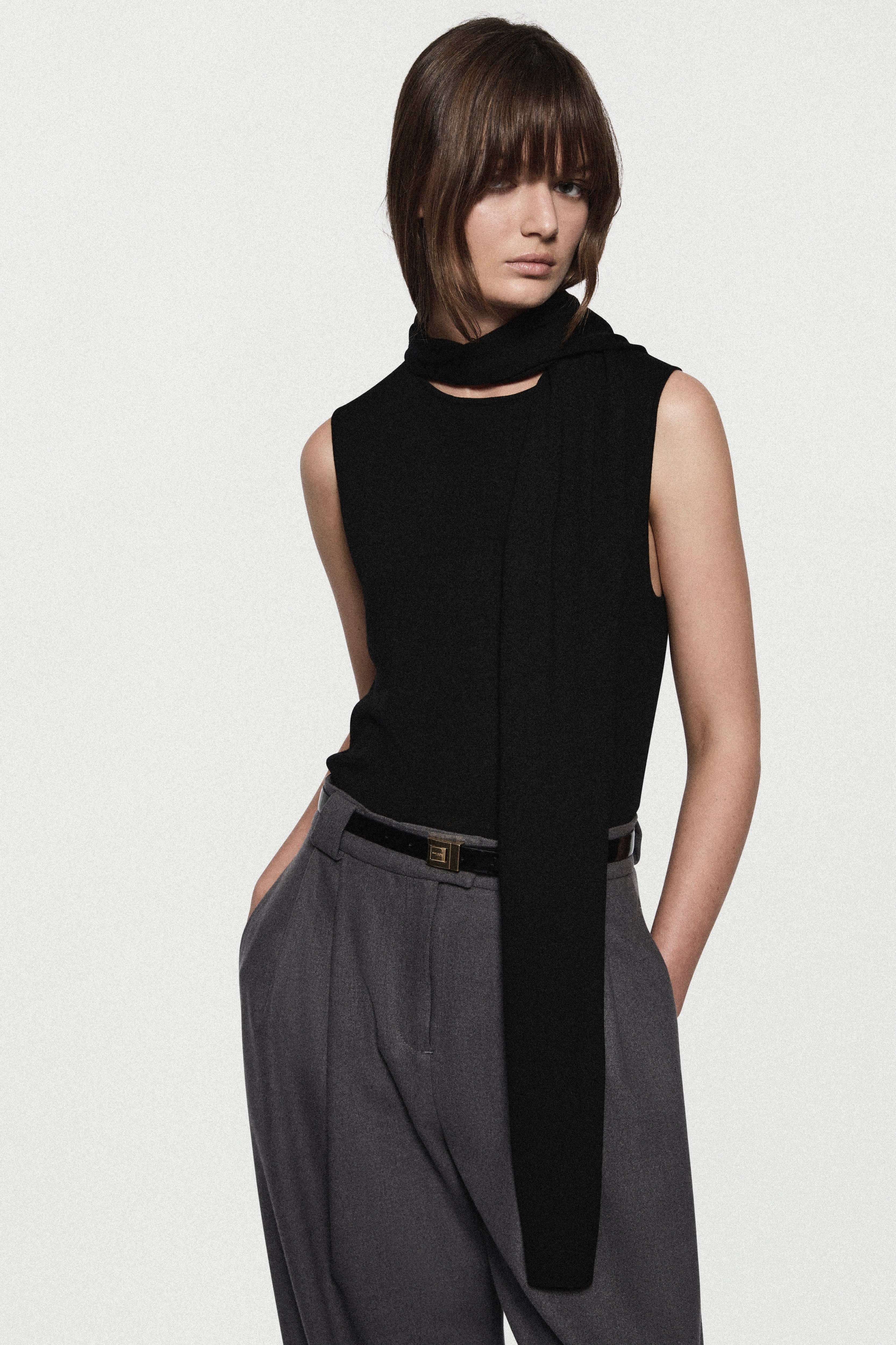 Merino scarf top, black sleeveless high-neck with hanging scarf panel