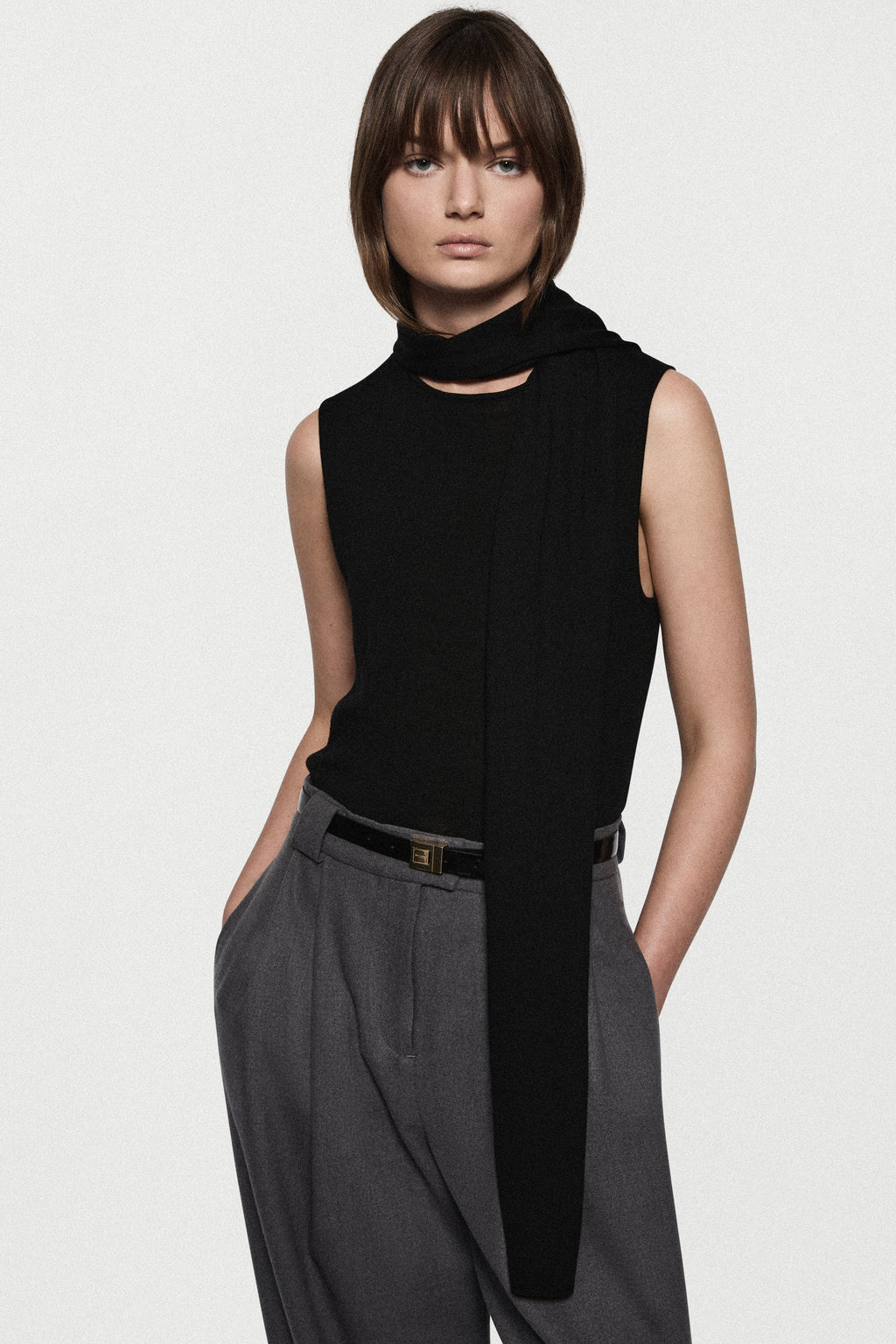 Merino scarf top, black sleeveless high-neck with long scarf tail detail
