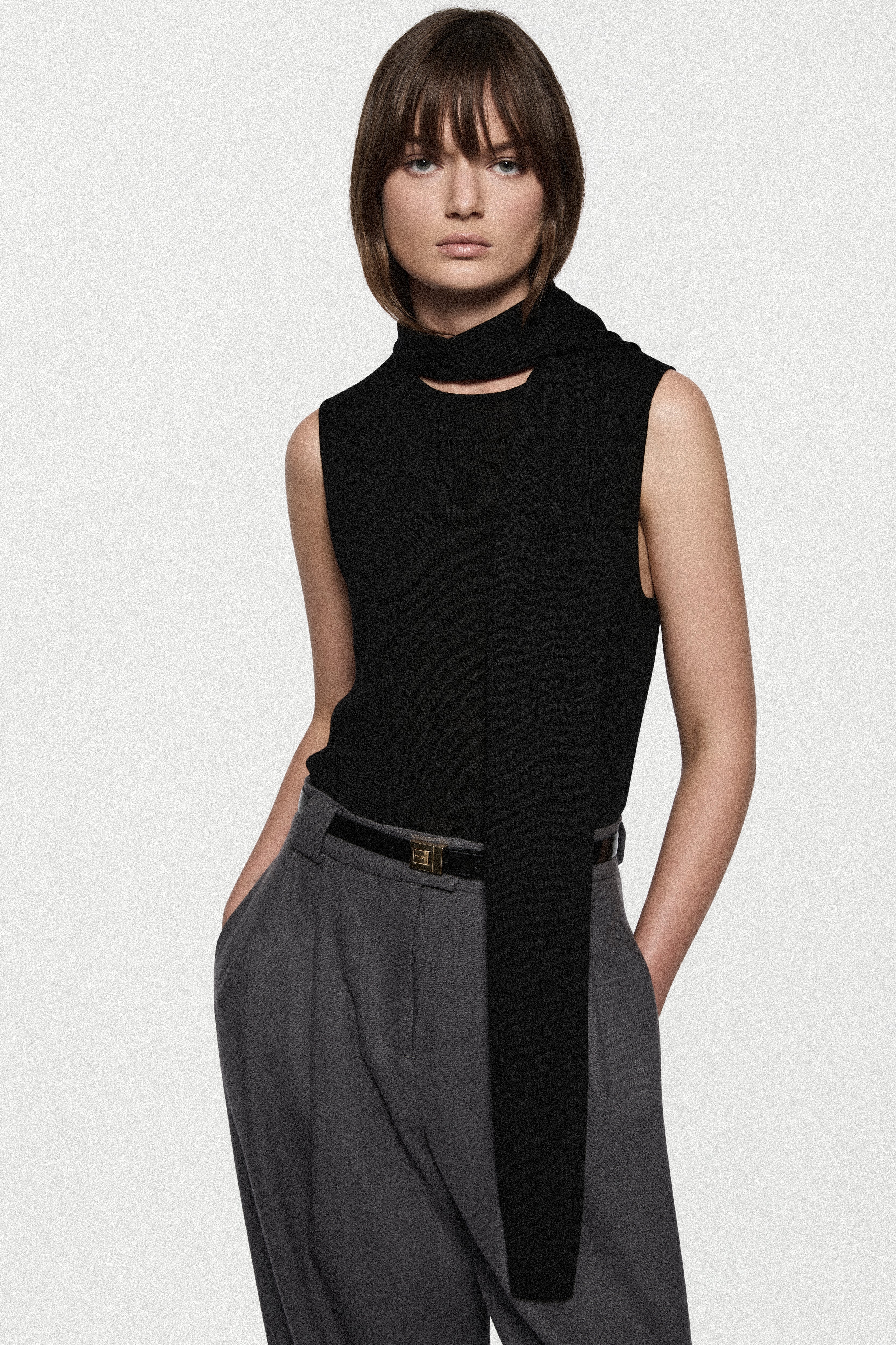 Merino scarf top, black sleeveless high-neck with long scarf tail detail