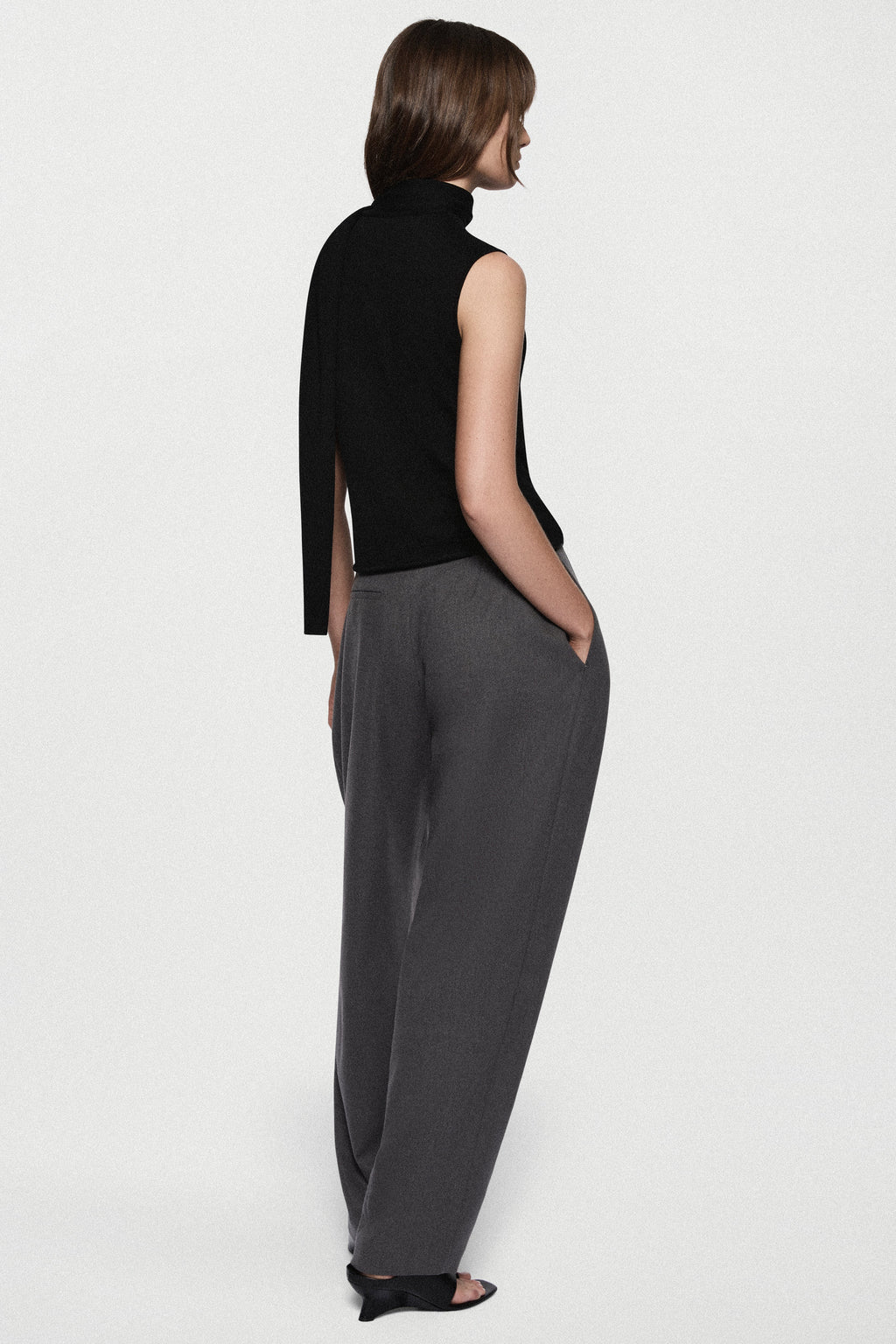 Merino scarf top, black sleeveless high-neck with draped scarf at back