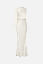 Ivory satin column dress with high neck and draped waist, long wrap sleeve