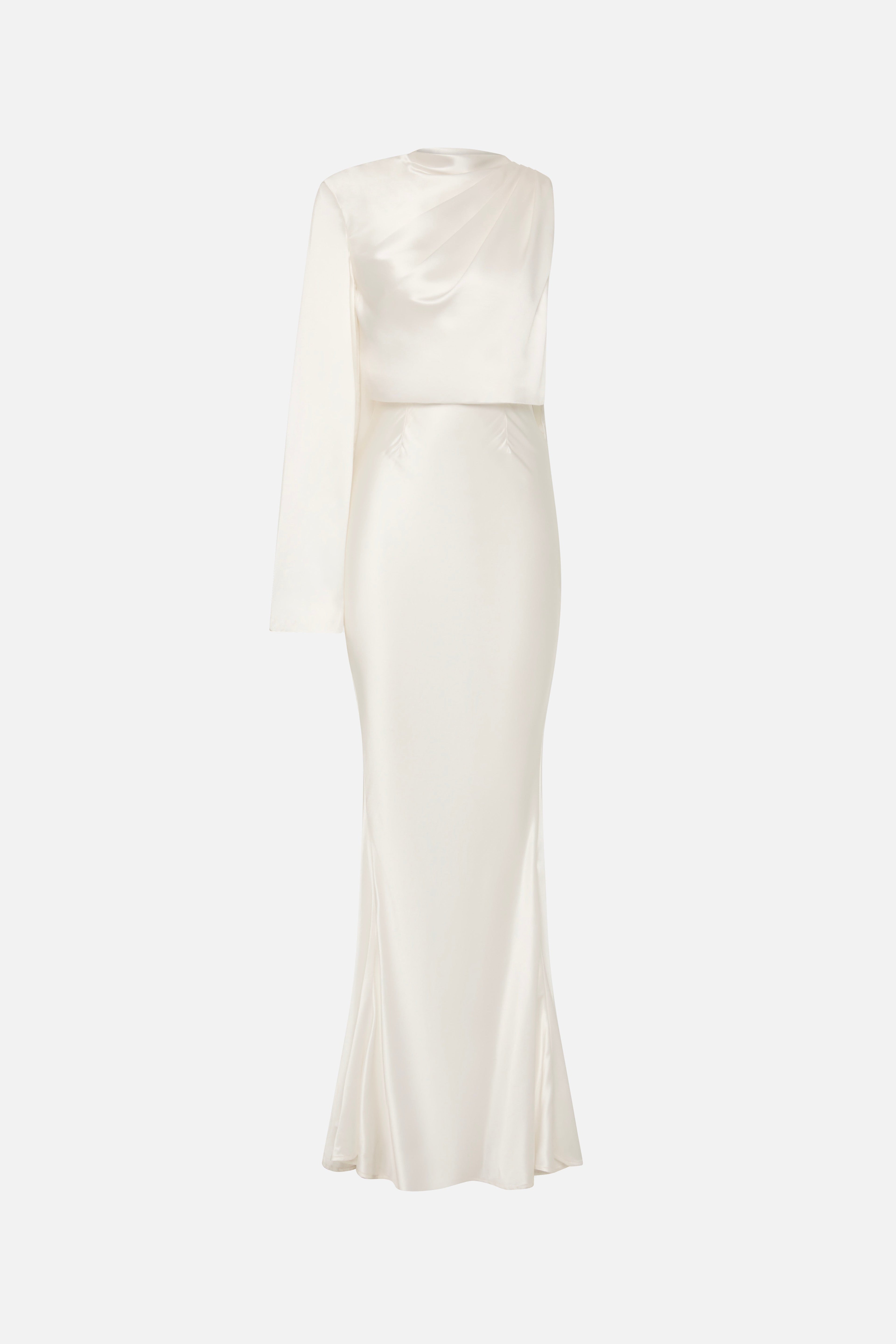 Ivory satin column dress with high neck and draped waist, long wrap sleeve