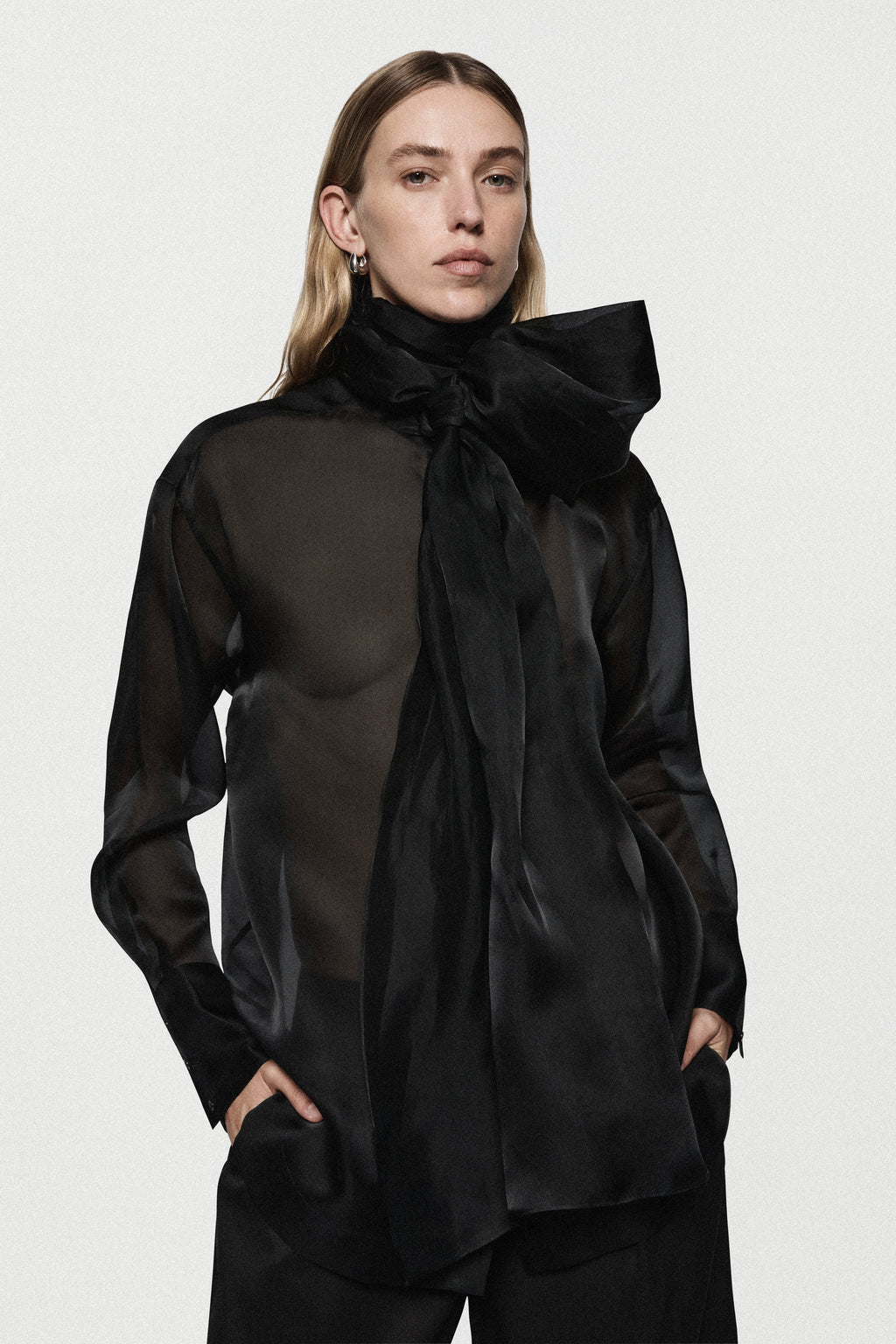 Black silk organza blouse, oversized bow collar and sheer long sleeves