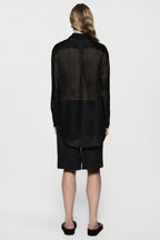 Black silk organza blouse back view with sheer panel and long sleeves