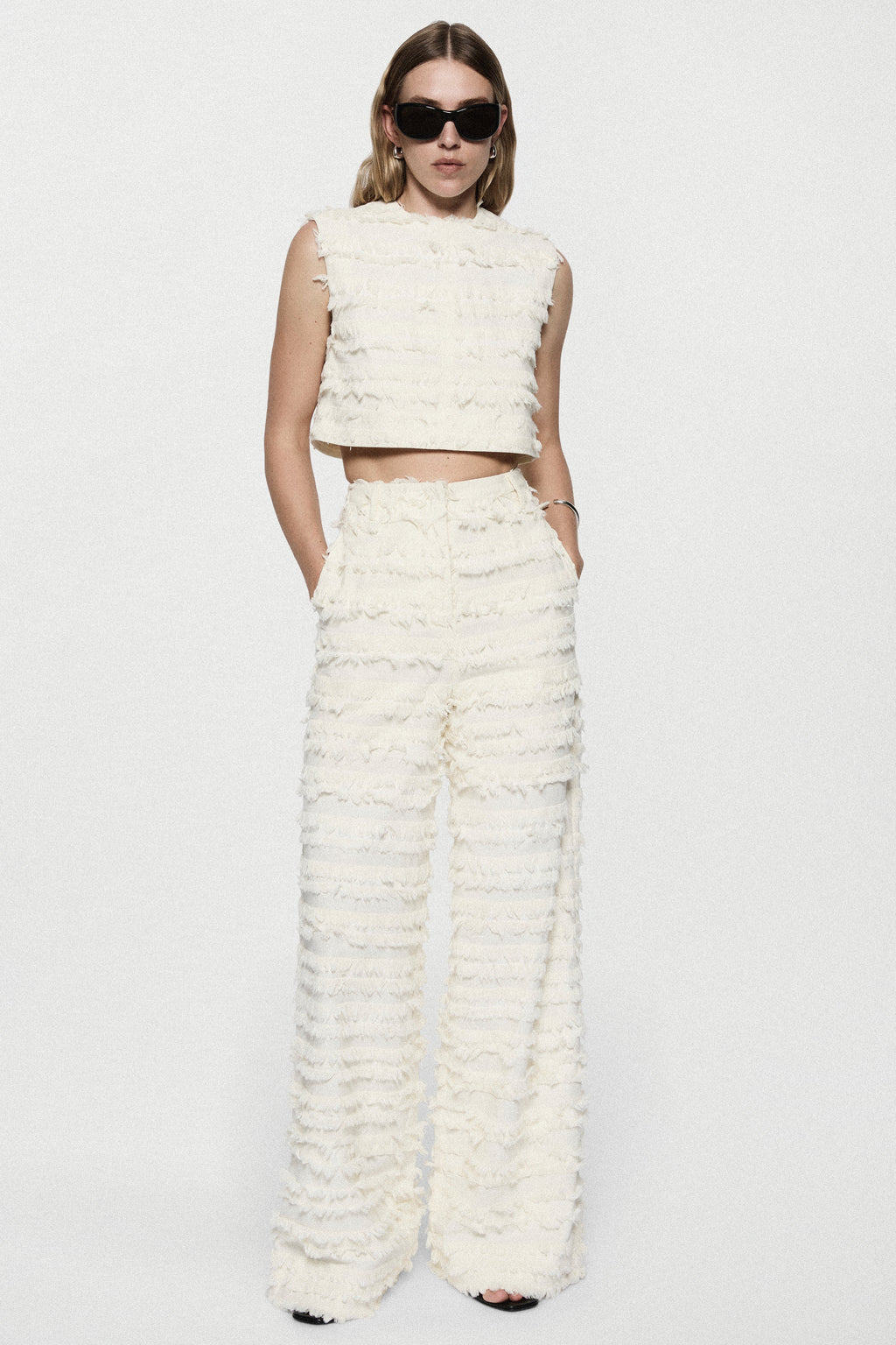 Winter white cotton fringe wide-leg pants with ruffled horizontal rows