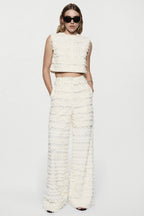 Winter white cotton fringe wide-leg pants with ruffled horizontal rows