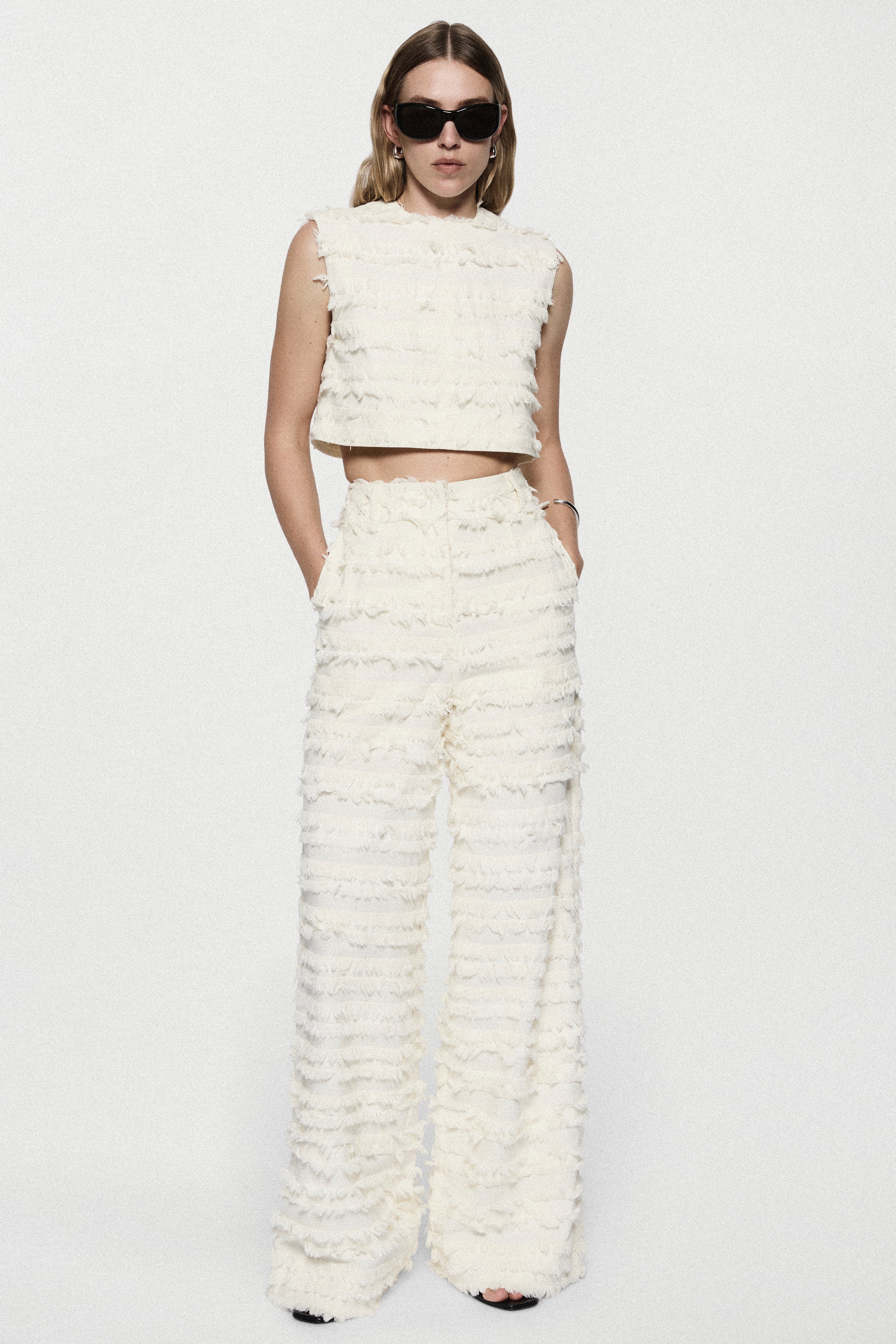 Winter white cotton fringe wide-leg pants with ruffled horizontal rows