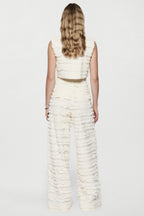 Off-white cotton fringe crop top, sleeveless with ruched textured back