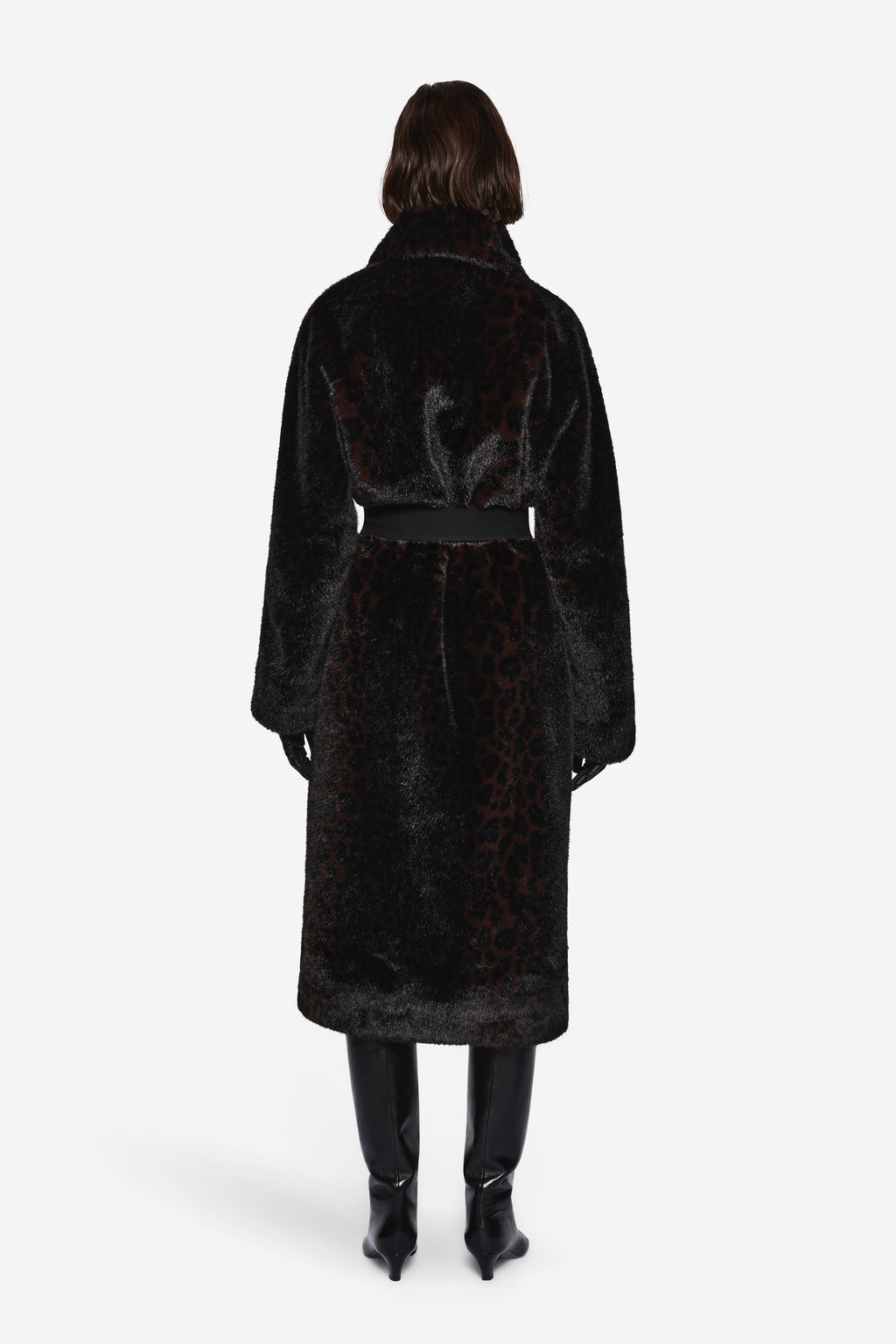 Back view of leopard-pattern fur coat with hood and belted waist