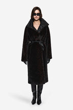 Leopard-pattern fur coat with hood, long sleeves, and belted waist