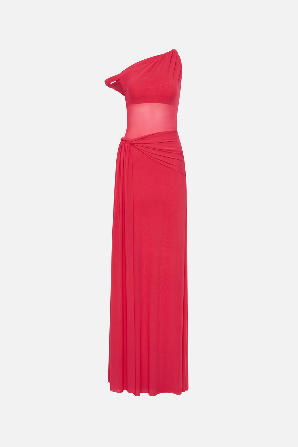 Bright rose draped one-shoulder maxi dress with cinched knot waist, long column