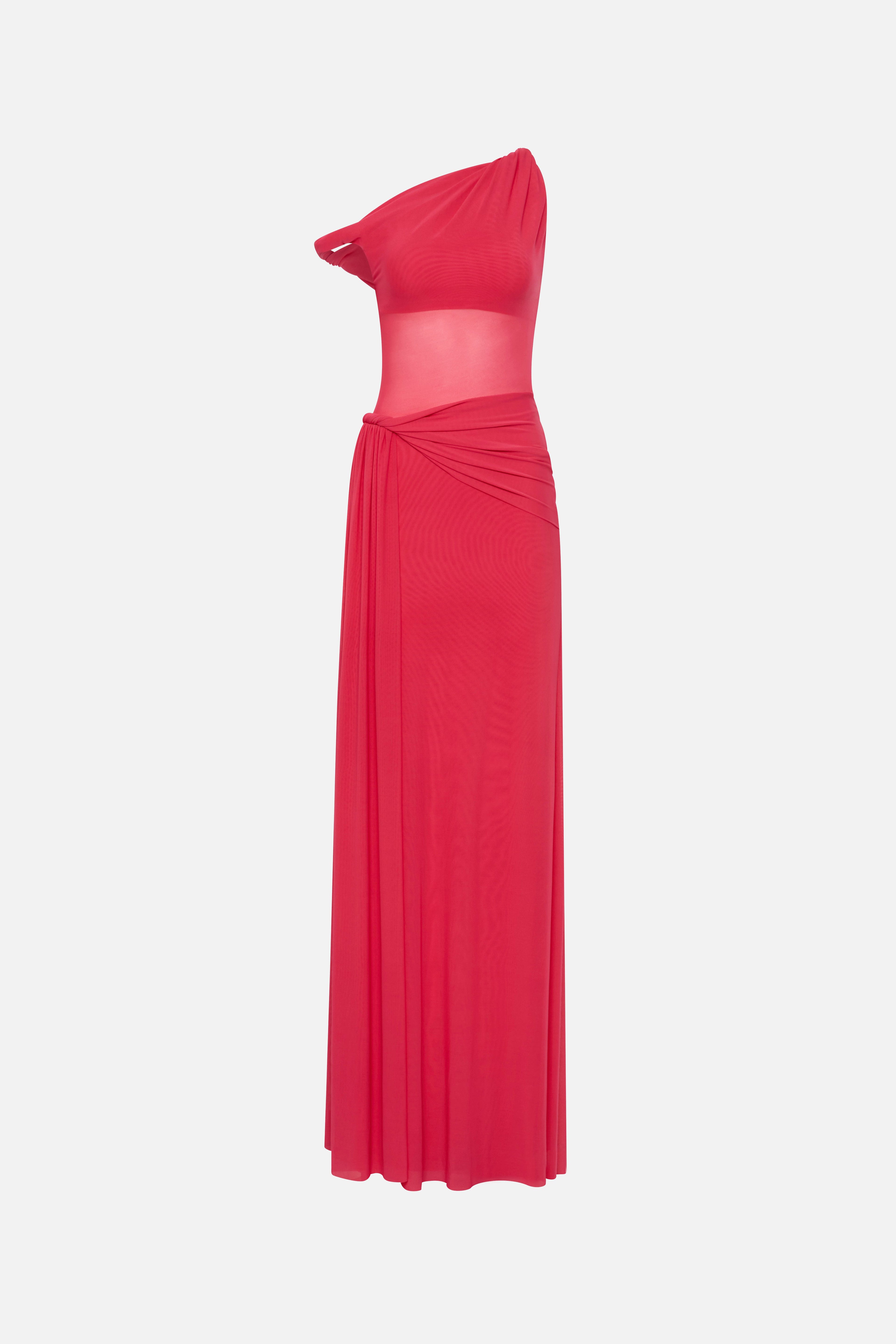 Bright rose draped one-shoulder maxi dress with cinched knot waist, long column