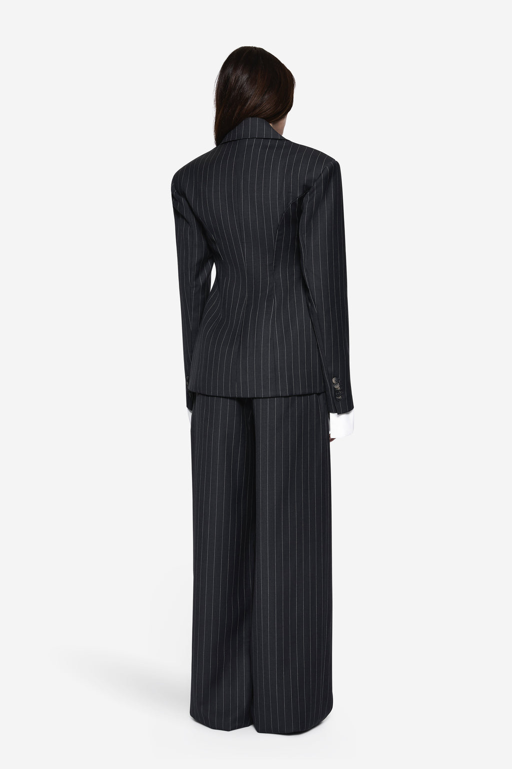 Charcoal pinstripe wool blazer back view with tailored seams and full-length sleeves.
