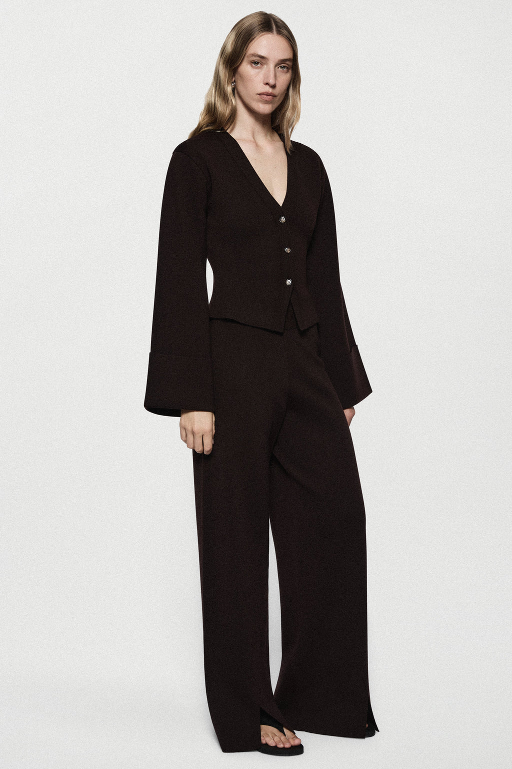 Dark cocoa merino cardigan, V-neck button front with long sleeves, full outfit