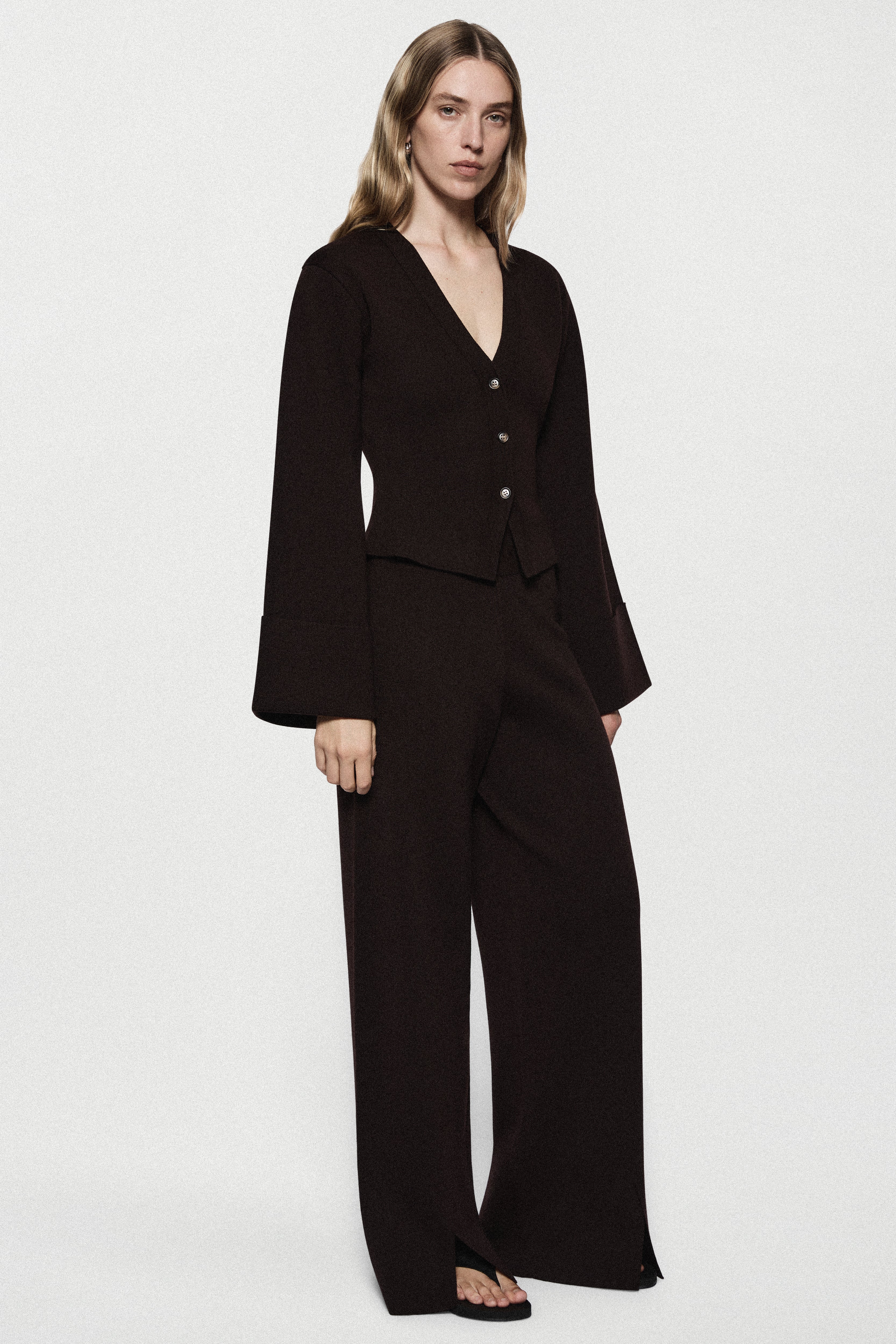 Dark cocoa merino cardigan, V-neck button front with long sleeves, full outfit